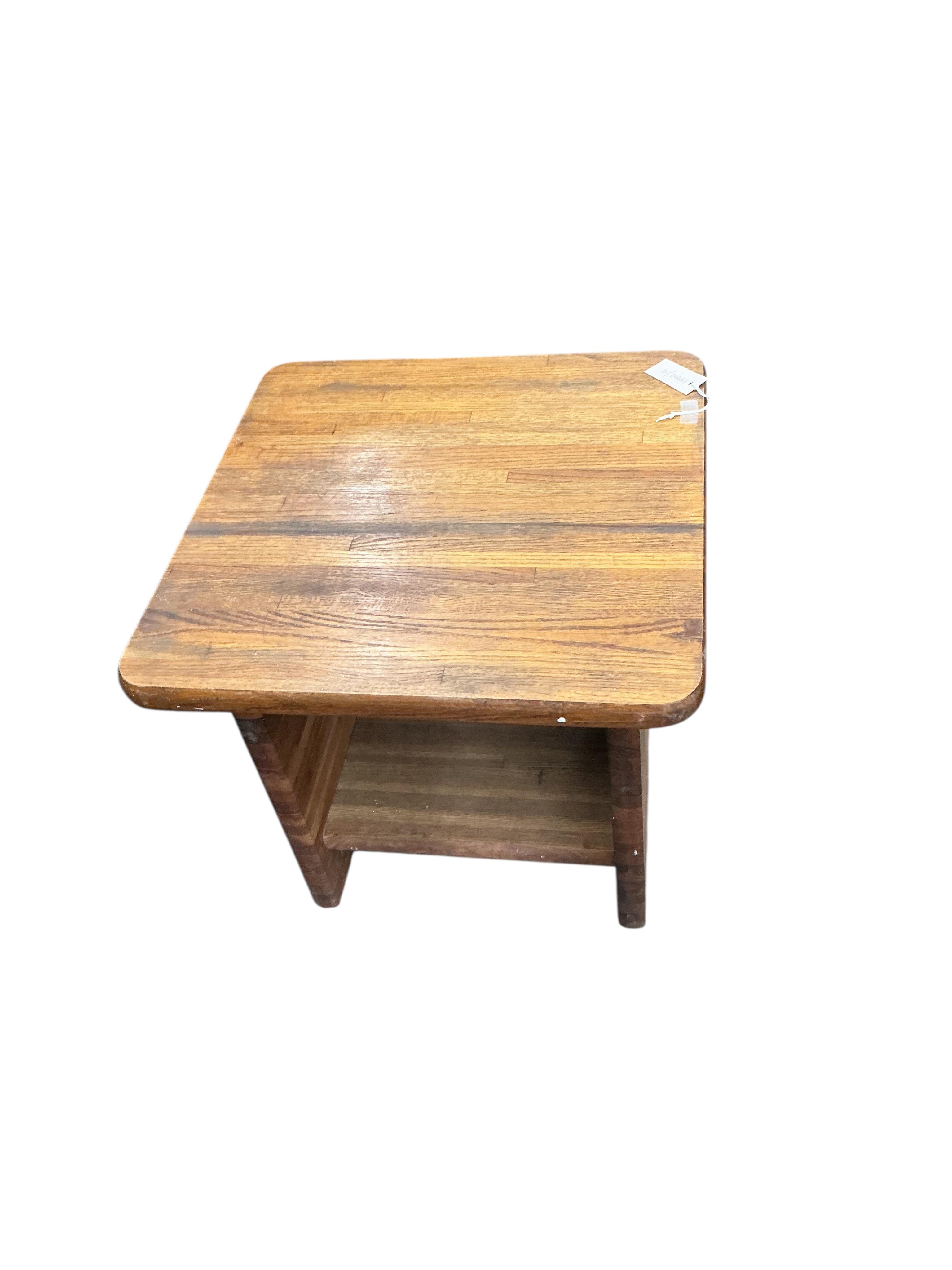 A mid century square oak two tier occasional table, 56cm, height 55cm